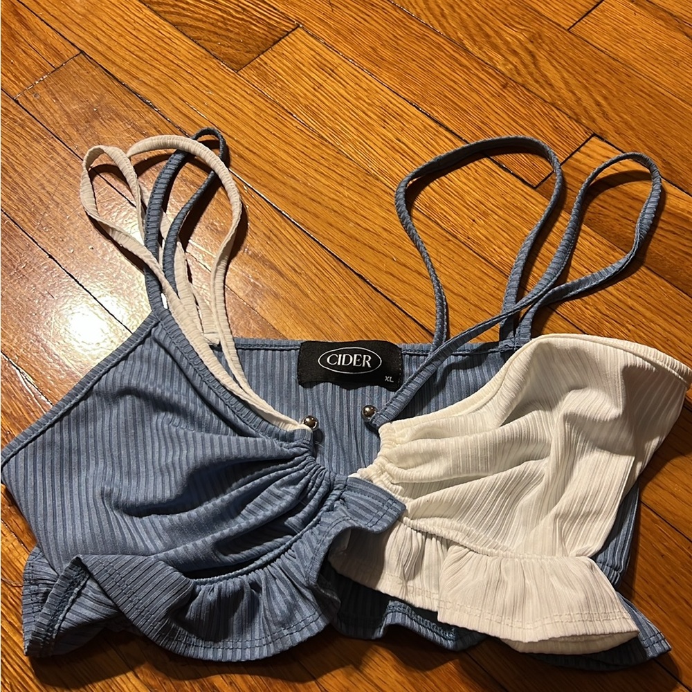 Cider Striped Blue and White Ruffle Top